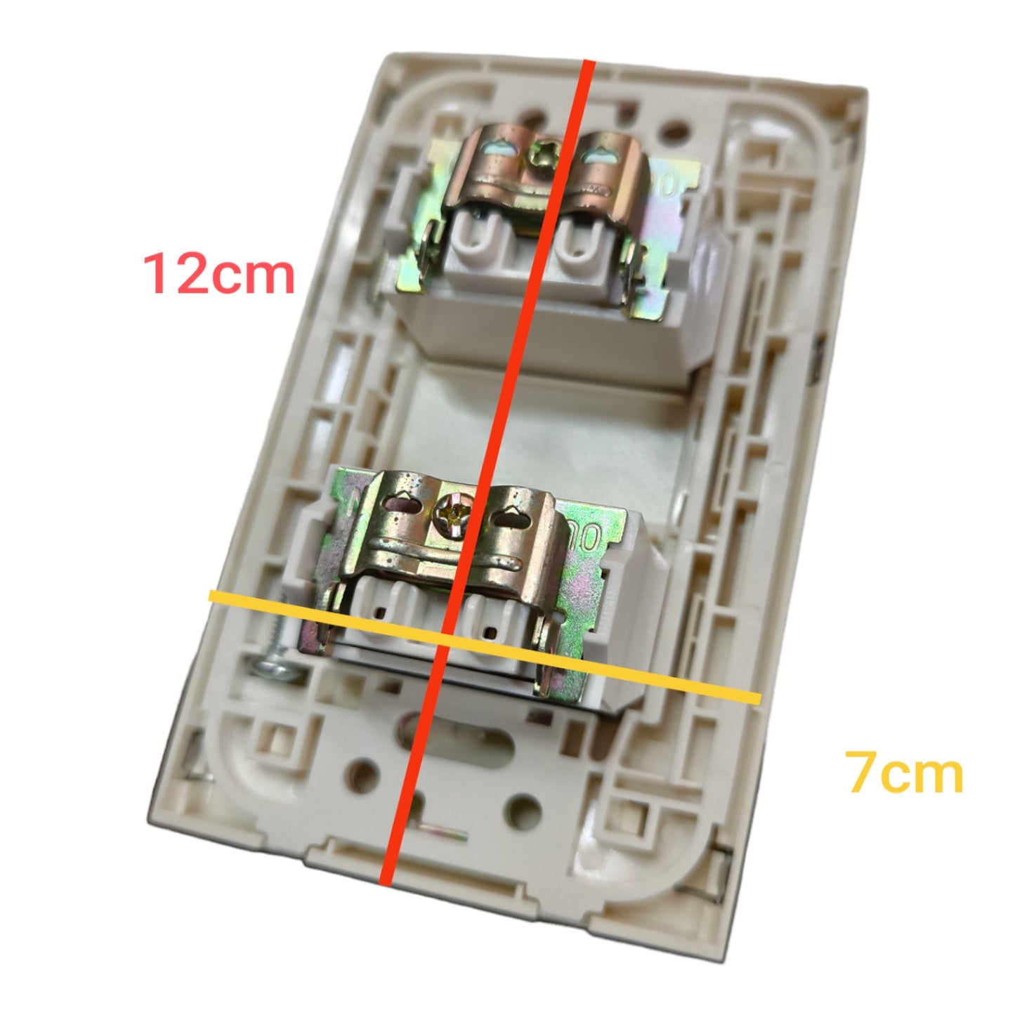 A dual electrical outlet base plate shown on a white background with red and yellow measurement lines and text indicating dimensions of 12cm and 7cm.