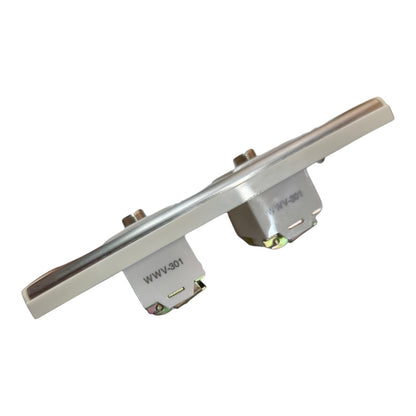 A brushed silver metal hardware component, likely a mounting bracket or clip, featuring two mounting tabs printed with the code 'WWV-301'.