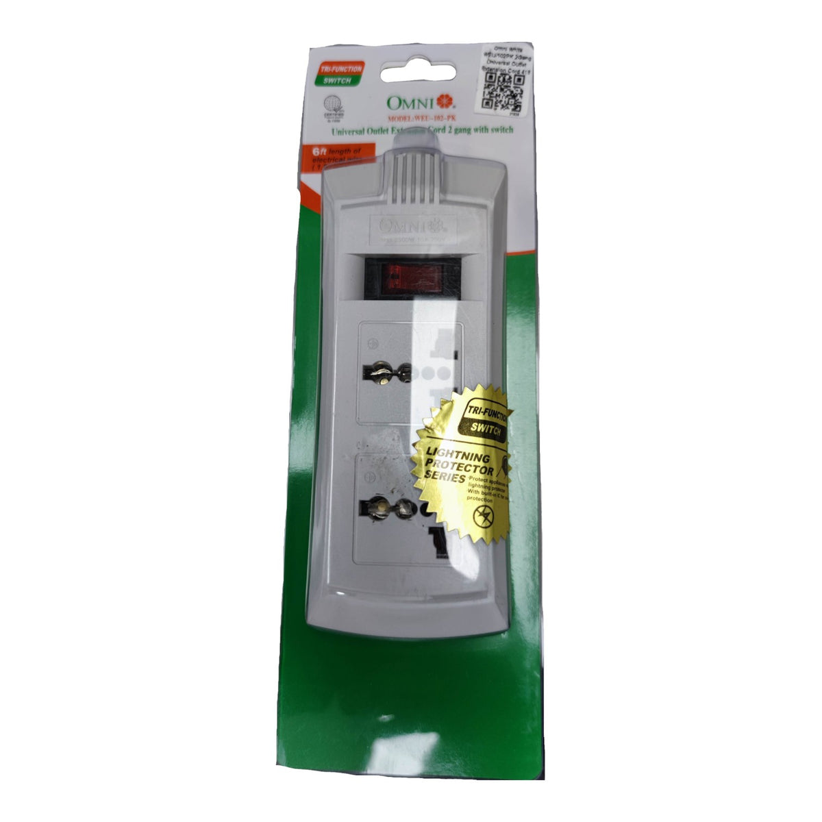 Omni 2 Gang Extension Cord 6 Feet 10A 220V with Single Switch