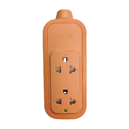Omni heavy duty extension outlet in orange with two universal power sockets and green indicator light