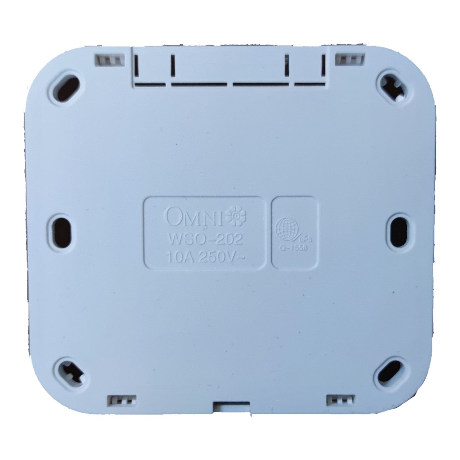 The back of a light blue plastic networking device, showing the model name 'OMNI W30-202 10A 250V-' and a CE mark, on a solid white background.