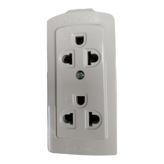 An Omnilite 10A 250V double outlet electrical wall socket cover in a light gray plastic finish, shown against a plain white background.