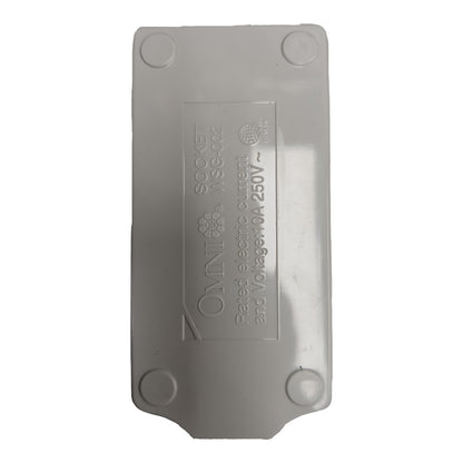 A gray plastic electrical socket cover plate with four circular feet and a central embossed label reading 'OMNI SOCKET WSG-KC2 Rated electric current and Volts 0A 250V~'.