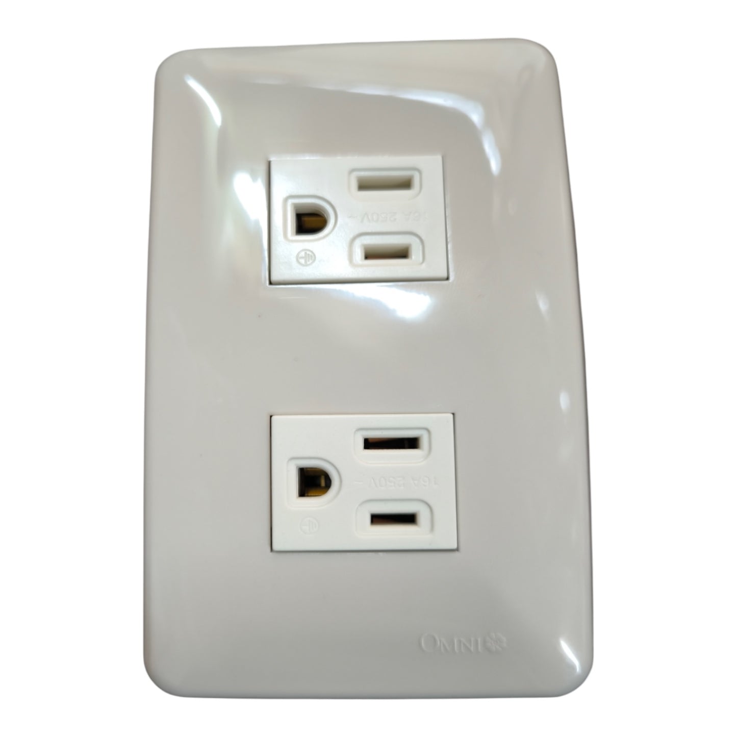 A white double outlet electrical wall plate with a glossy finish, featuring two US National Electrical Standards (NEC) duplex outlets, shown against a plain white background.
