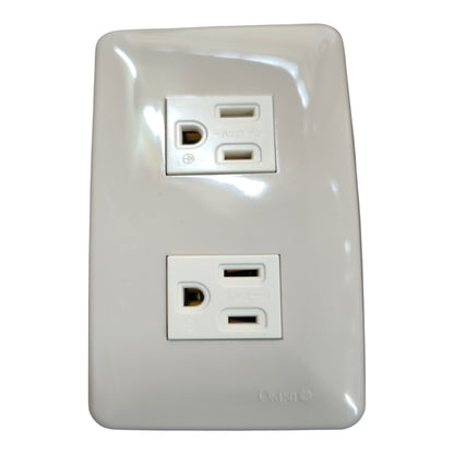 A white double outlet electrical wall plate with a glossy finish, featuring two US National Electrical Standards (NEC) duplex outlets, shown against a plain white background.
