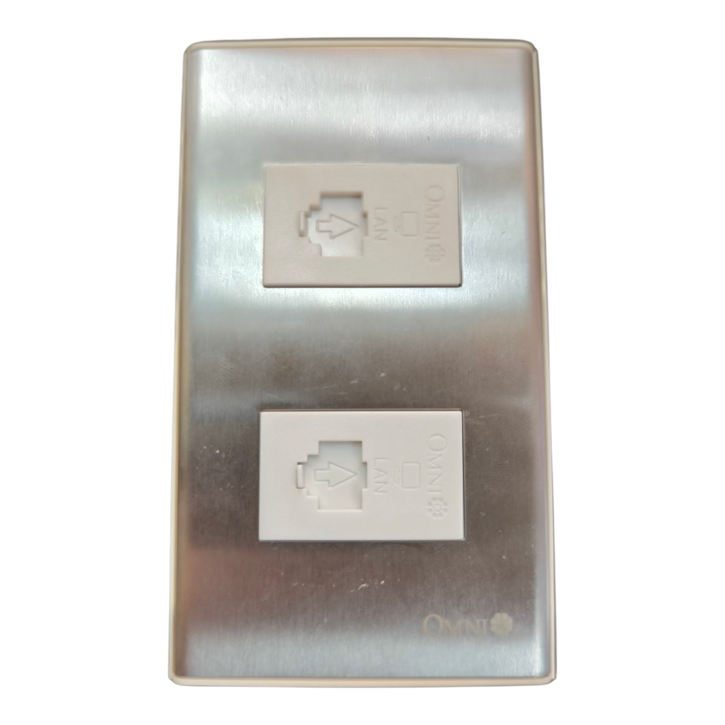 An Omnilo dual RJ45 network patch panel with a brushed stainless steel faceplate and two white modular ports, shown on a plain white background.