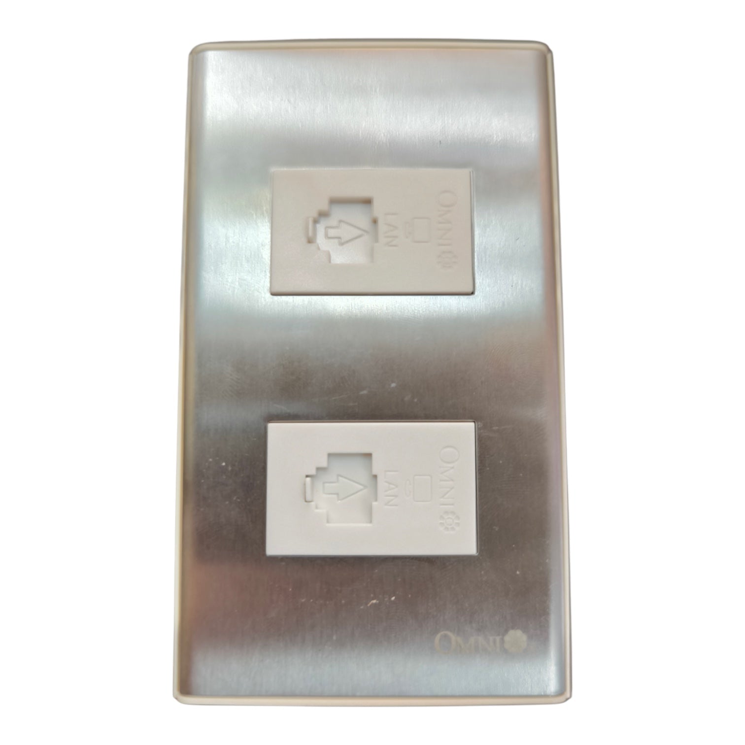 An Omnilo dual RJ45 network patch panel with a brushed stainless steel faceplate and two white modular ports, shown on a plain white background.