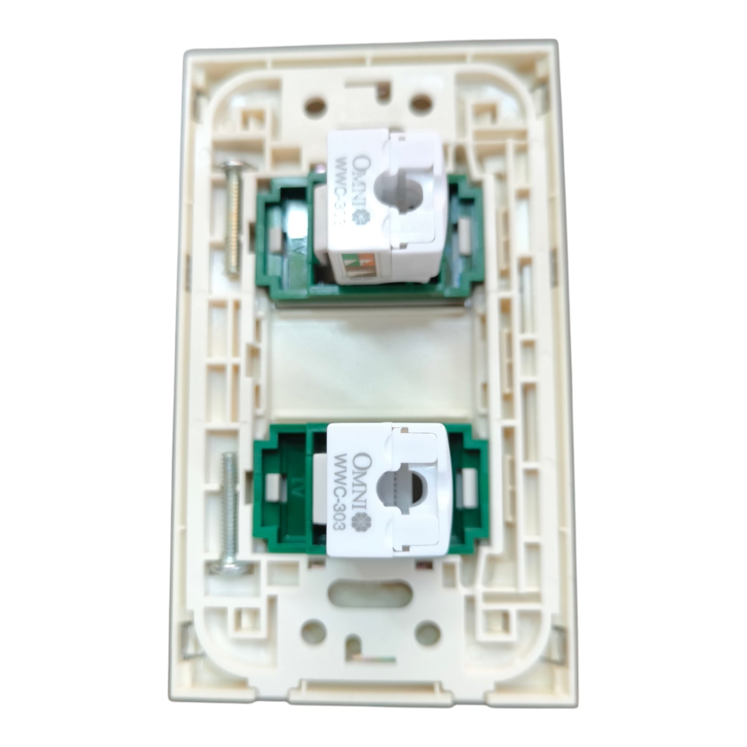 A double-gang modular electrical switchboard module featuring two GMR circuit breakers with white insulating sleeves and green terminal bases, set inside a beige plastic frame.