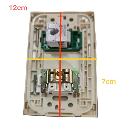 A rear view of a beige wall switch plate with visible internal components, overlaid with dimension lines and text showing 12cm width and 7cm height.