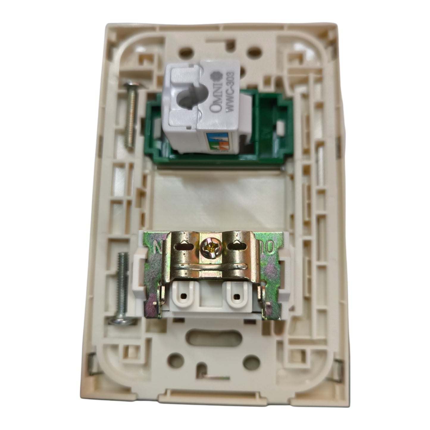 An open wall switch socket faceplate showing internal components including a white socket module, a green terminal block, brass screw terminals, and mounting screws, set against a plain white background.