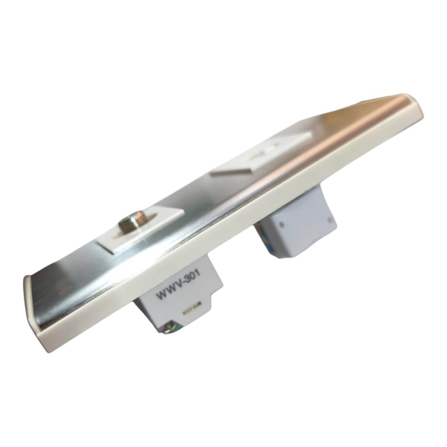 A brushed silver metal door handle with a white mounting bracket and a small label reading 'WWV-301', shown on a plain white background.