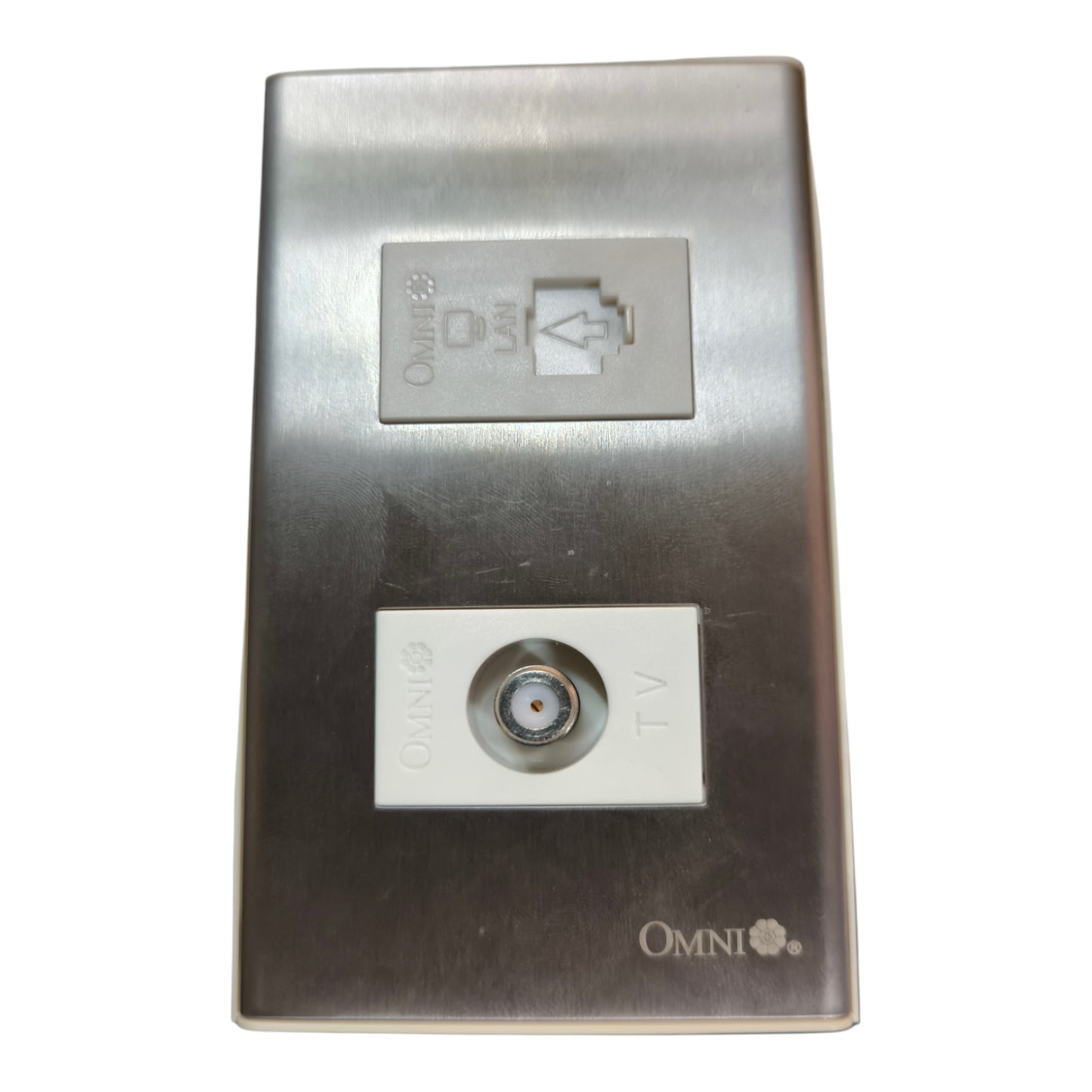 An Omni Omni directional outdoor wall plate with a silver stainless steel faceplate, featuring a RJ45 port and an outdoor coaxial TV port.