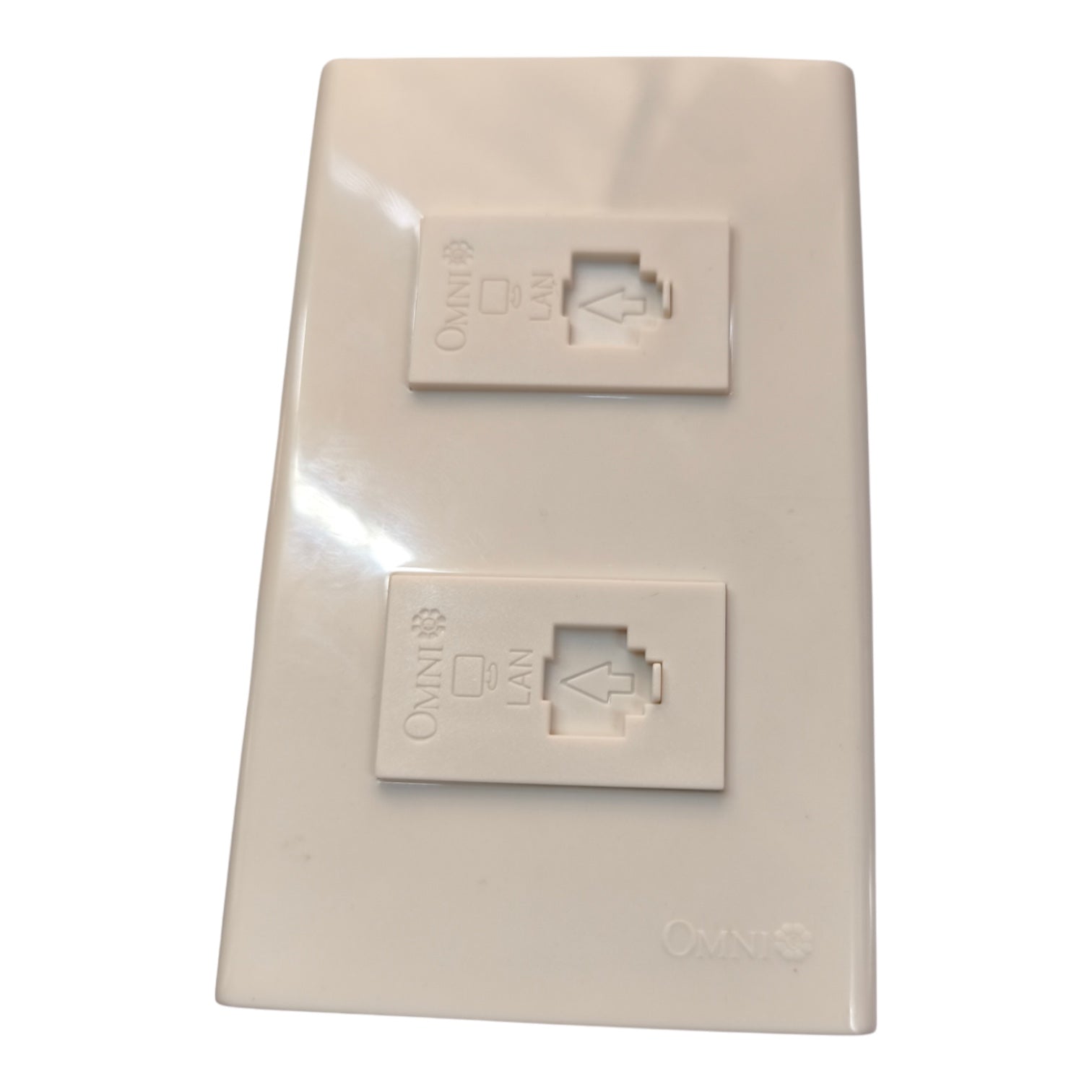 An Omnilife dual RJ45 network wall plate in a warm off-white plastic, featuring two labeled ports (LAN and 100M).