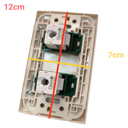 A dual-gang wall switch plate shown on a white background with red, yellow, and black measurement lines and text indicating dimensions 12cm and 7cm.