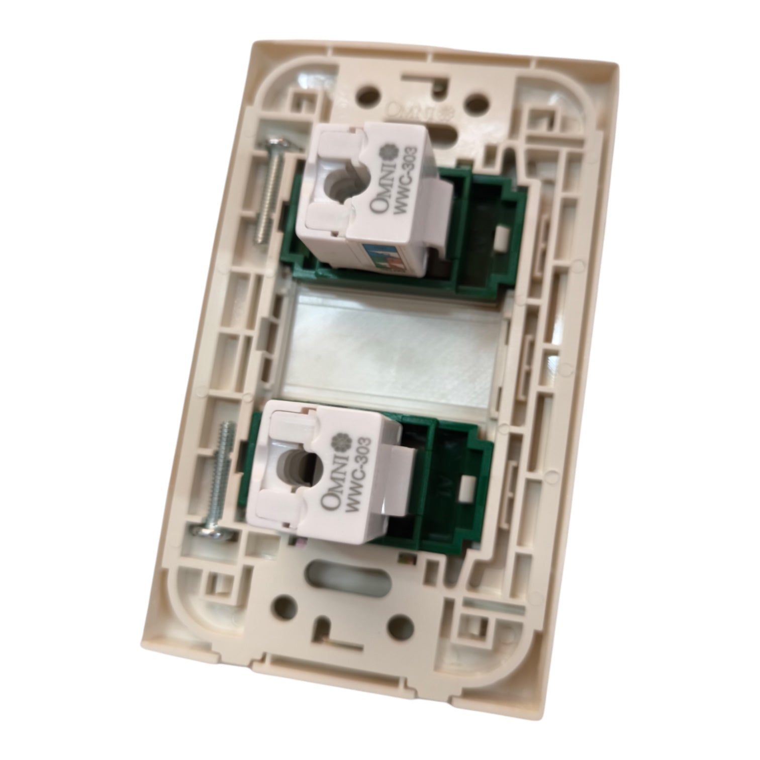 An electrical double switch socket plate with two white sockets mounted on a beige plastic backplate, isolated on a white background.