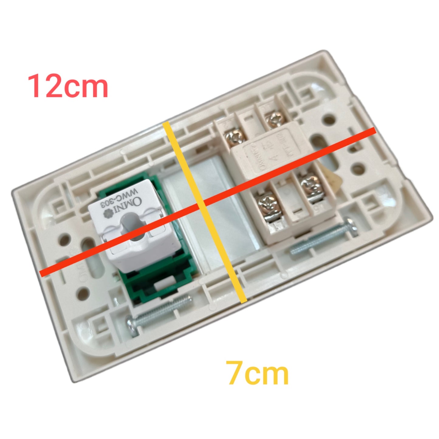 An electrical switch module with dimension annotations showing 12cm width and 7cm height, overlaid with red and yellow measurement lines on a white background.