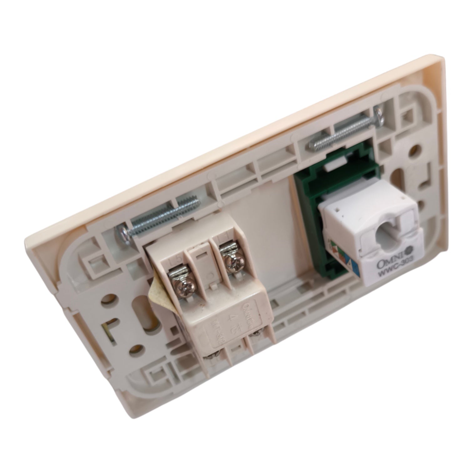 An open modular electrical outlet backplate, showing internal terminal blocks, screws, and a white terminal connector with printed brand text 'Owala' and model 'MWC1-200'.