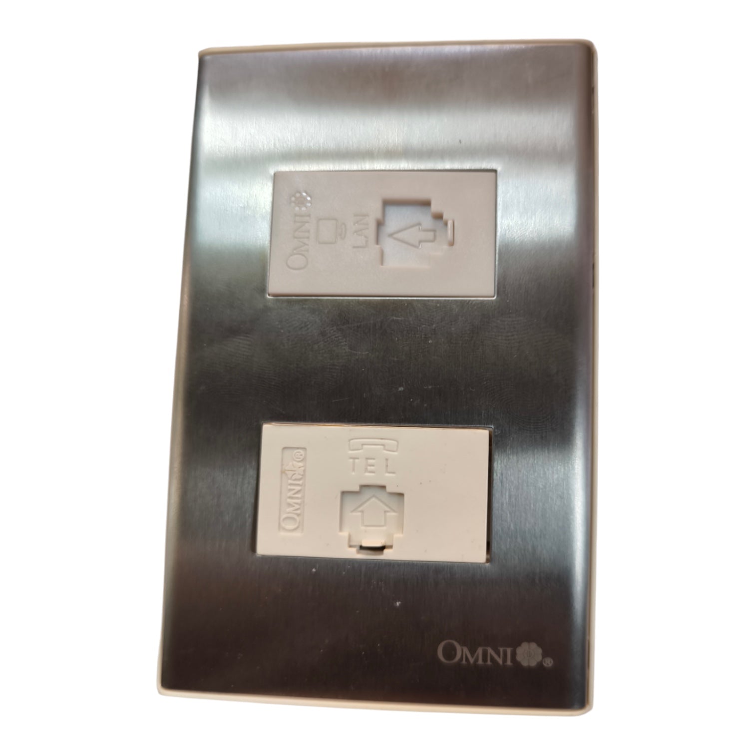 Omni 2 Gang LAN and Telephone Outlet with Stainless Plate Cover WWP-112S+WWT-302+WWC-303