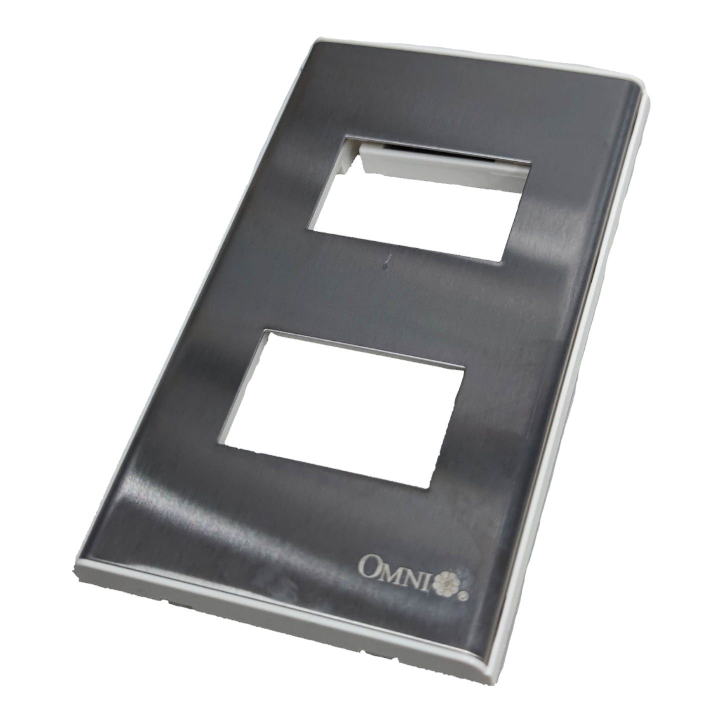 A brushed stainless steel double-gang light switch plate frame with two rectangular cutouts and the 'OMNI' brand logo printed near the bottom right, shown on a plain white background.