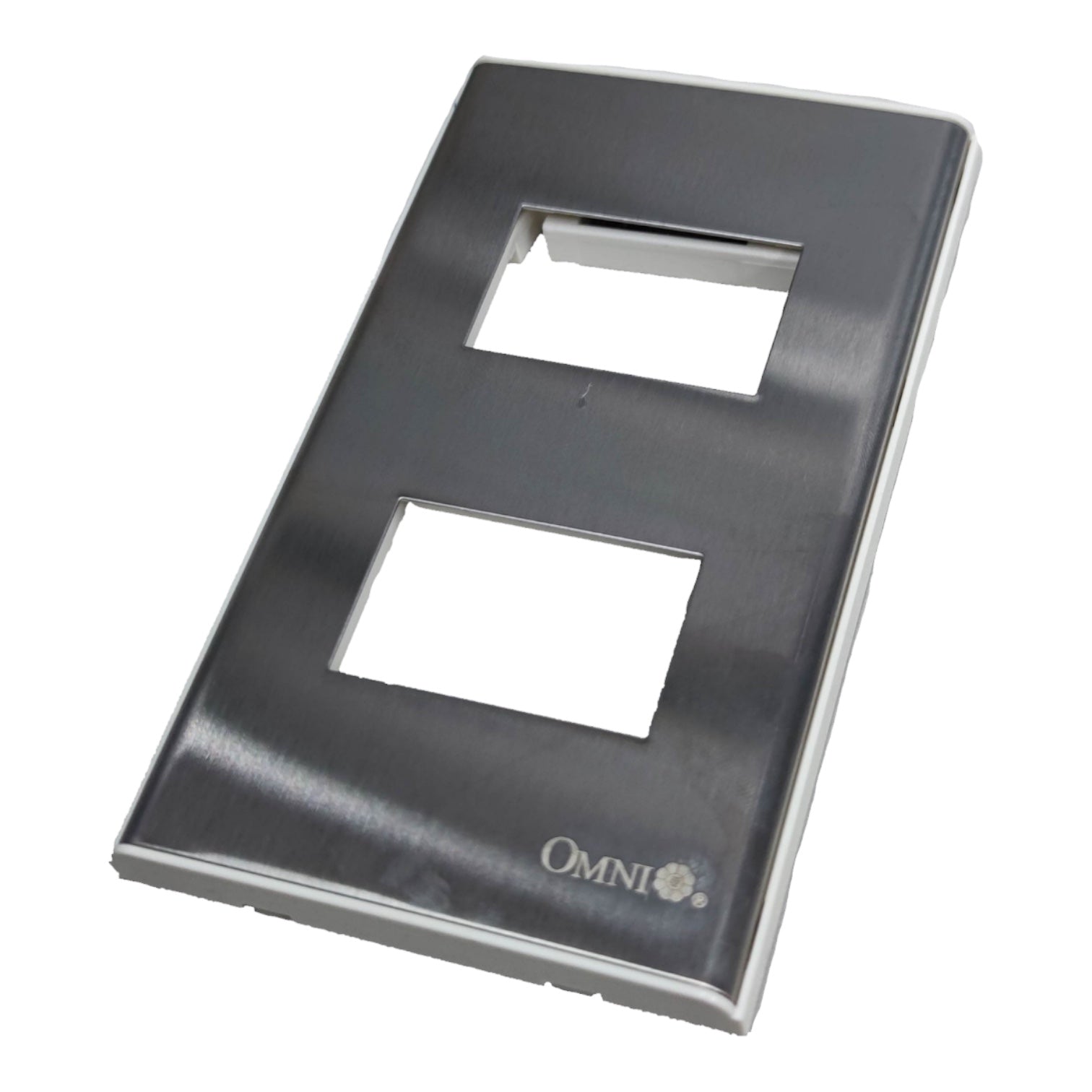 A brushed stainless steel double-gang light switch plate frame with two rectangular cutouts and the 'OMNI' brand logo printed near the bottom right, shown on a plain white background.