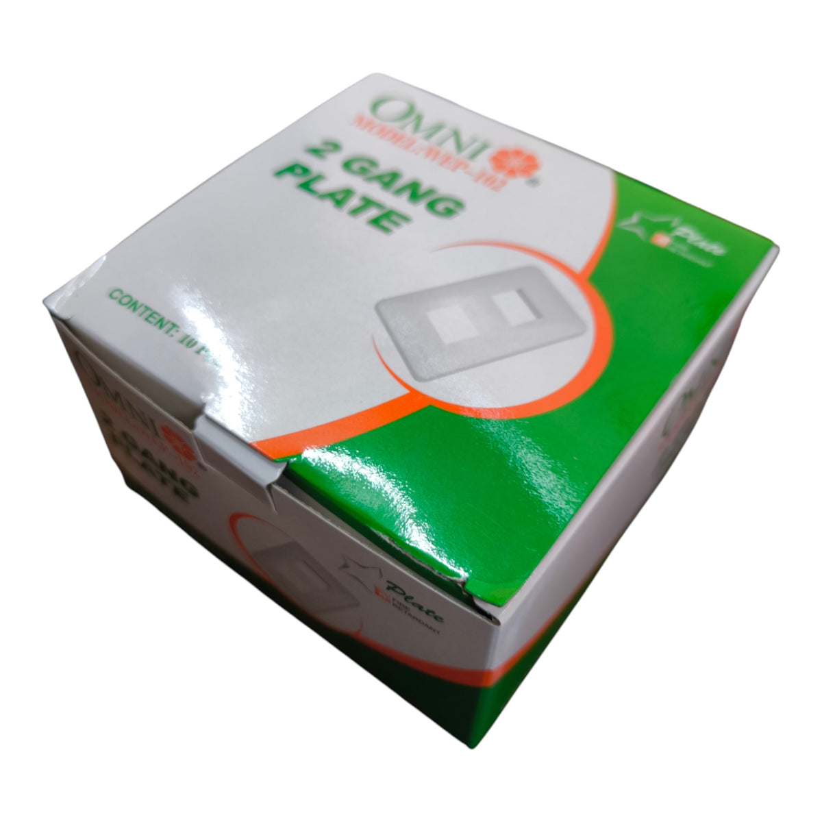A white, green, and orange cardboard box for an Onni 2 Gang Plate switch, shown at an angle on a white background.