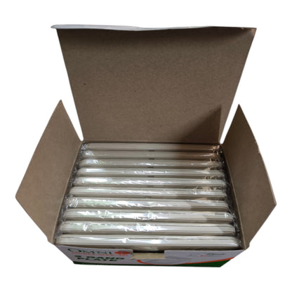 An open brown cardboard box containing multiple clear plastic-wrapped cylindrical items, photographed on a plain white background.