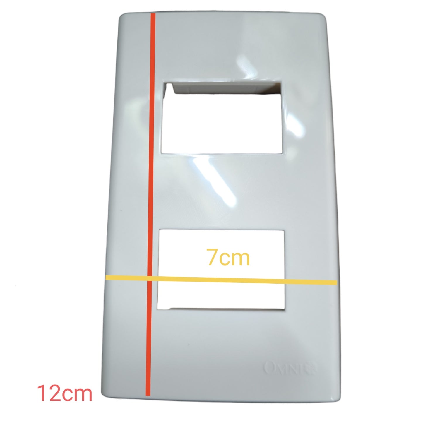 A white plastic wall outlet cover plate shown on a white background with red, yellow, and orange measurement overlays indicating dimensions.