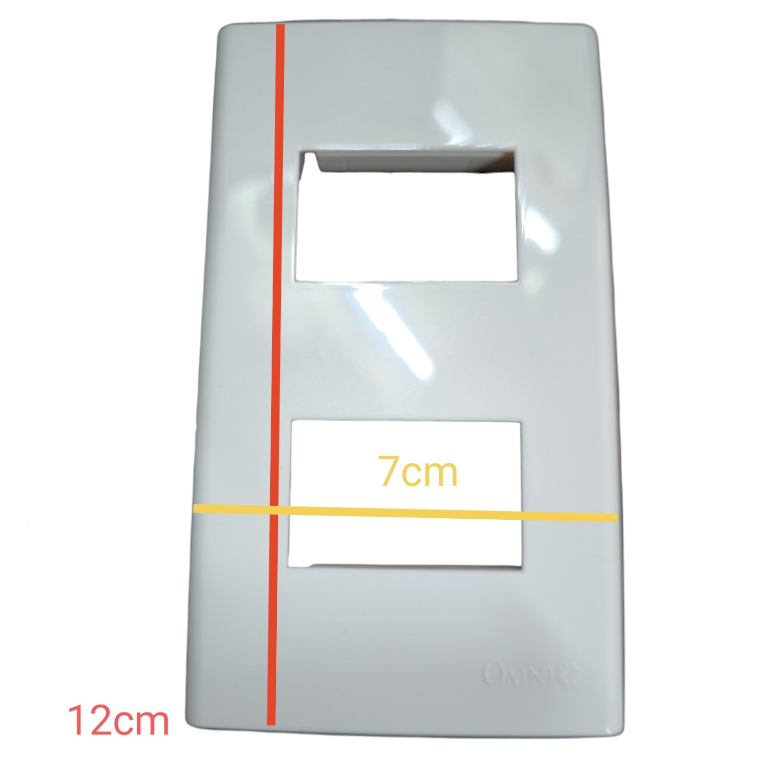 A white plastic wall outlet cover plate shown on a white background with red, yellow, and orange measurement overlays indicating dimensions.