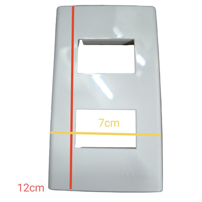 A white plastic wall outlet cover plate shown on a white background with red, yellow, and orange measurement overlays indicating dimensions.