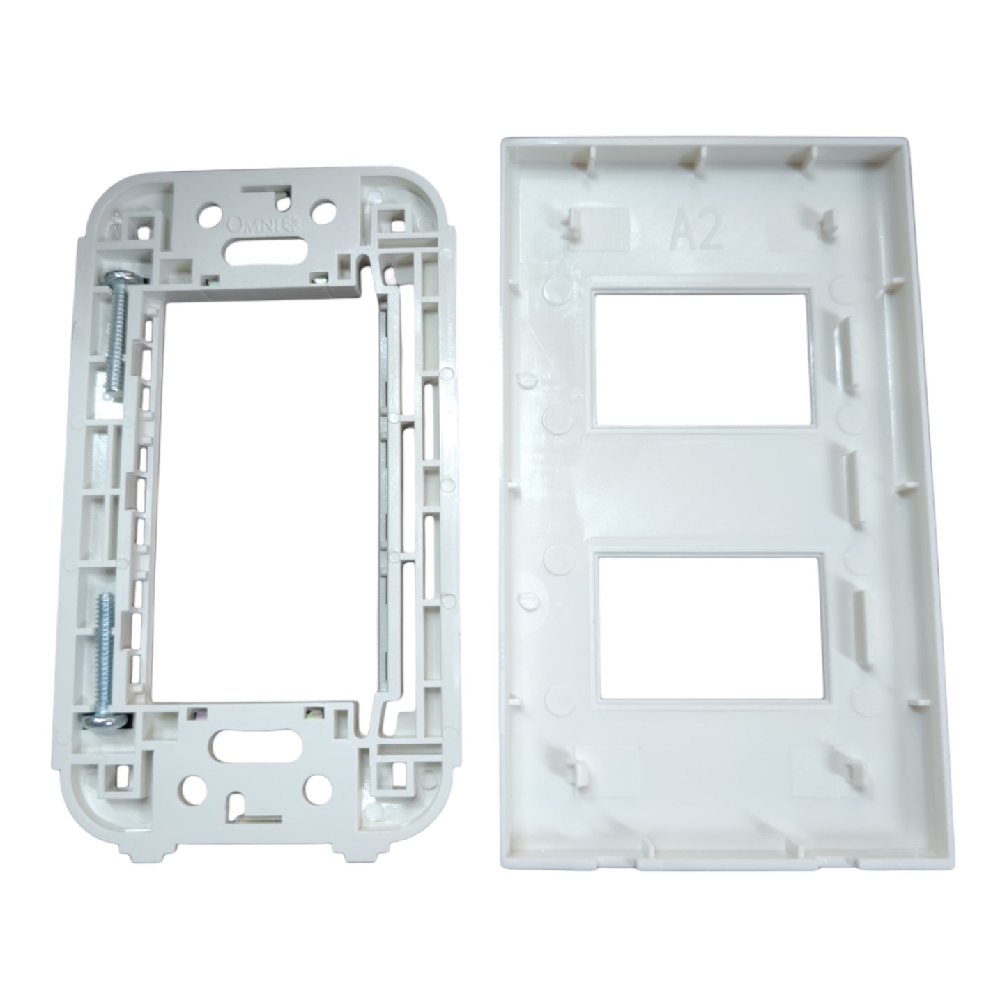 Two white plastic electrical wall switch boxes shown on a plain white background, one front view with mounting hardware and one back view labeled A2.