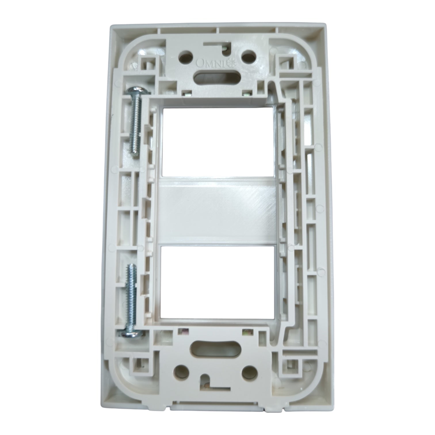 White plastic double-gang wall switch socket backplate with two screw holes and two mounting screws, shown on a white background.