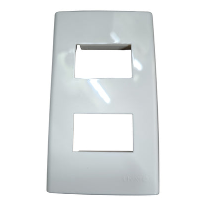 A white Omnio double RJ45 wall plate cover for network jackups, shown against a plain white background.