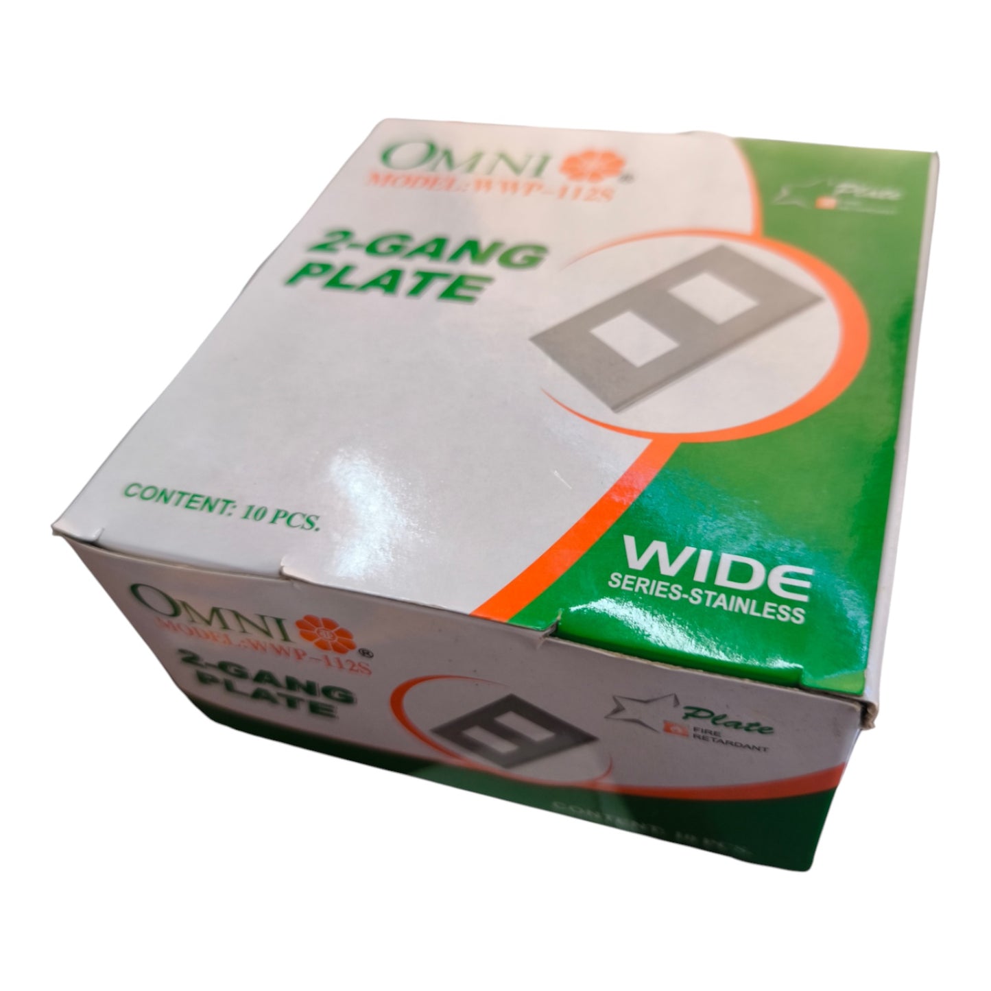 A box of Omni brand 2-gang stainless steel plates, model series-319F-1125, shown at an angle on a white background.