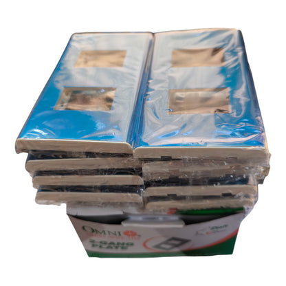 A stack of Omni 2-in-1 wall plates wrapped in clear plastic, showing the blue and gray front faces and the cardboard backing.