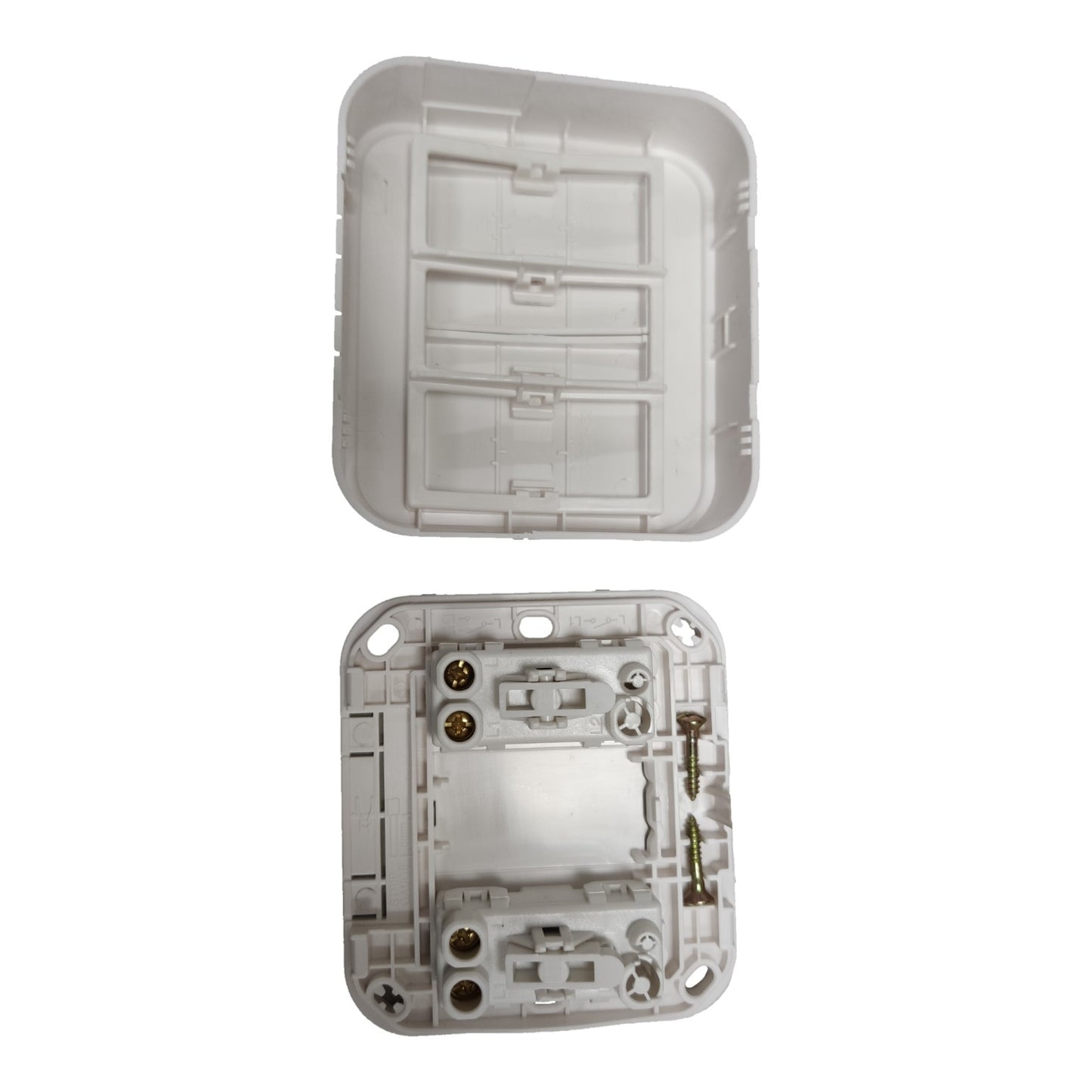 A white plastic electrical outlet cover plate shown in two views: the top view displaying the inner switch slots, and the bottom view showing the backplate with screw terminals and mounting screws.