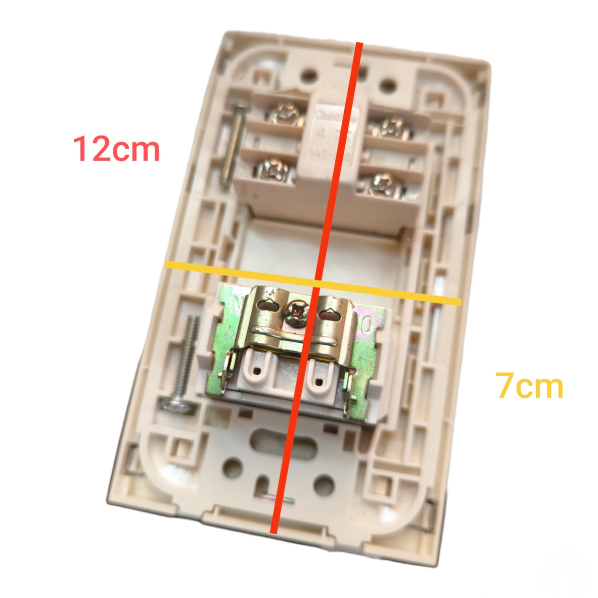 A beige wall switch socket cover shown on a white background with red and yellow measurement lines and text indicating dimensions of 12cm and 7cm.