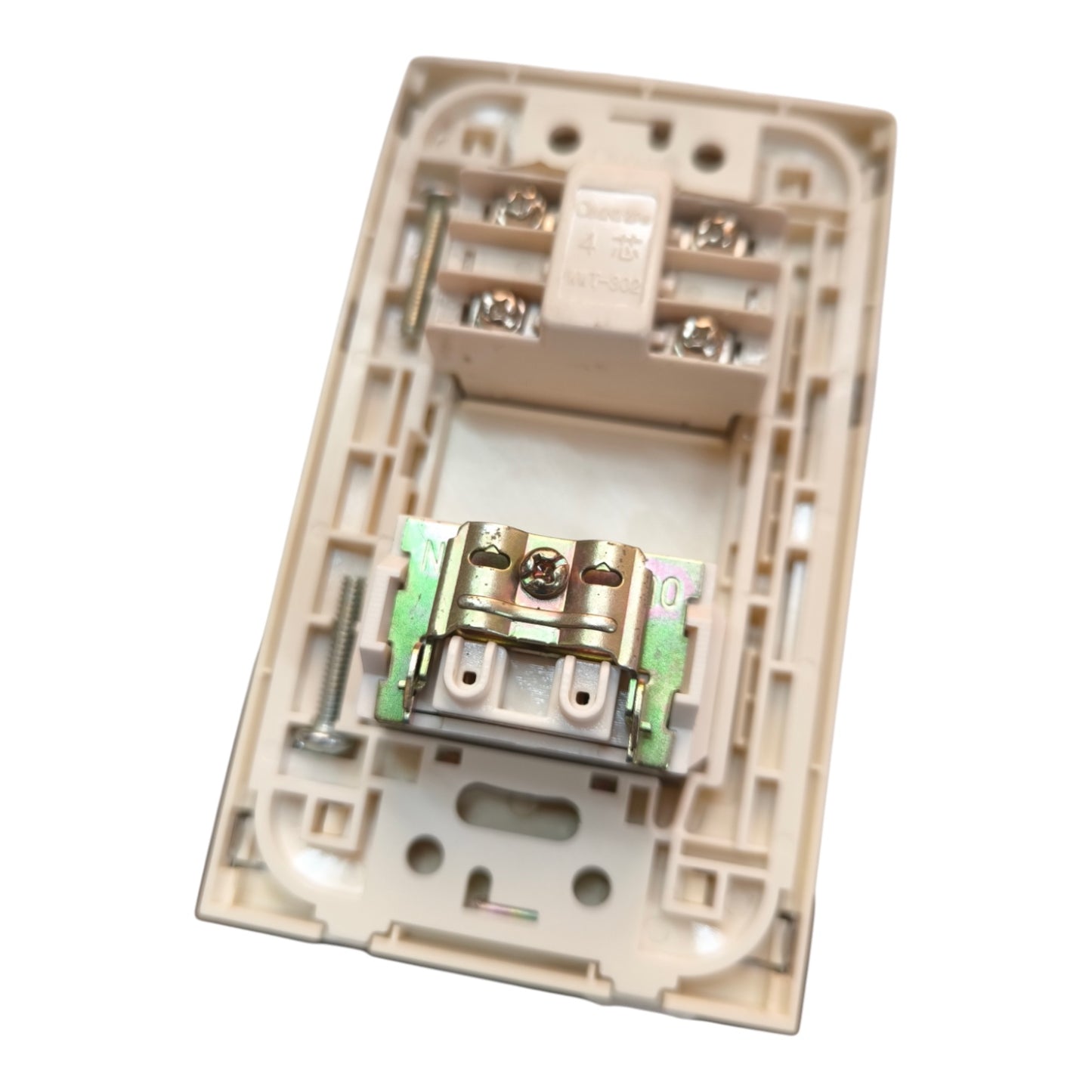 A beige plastic electrical switch socket cover with exposed internal terminal blocks and metal screw terminals, shown on a plain white background.