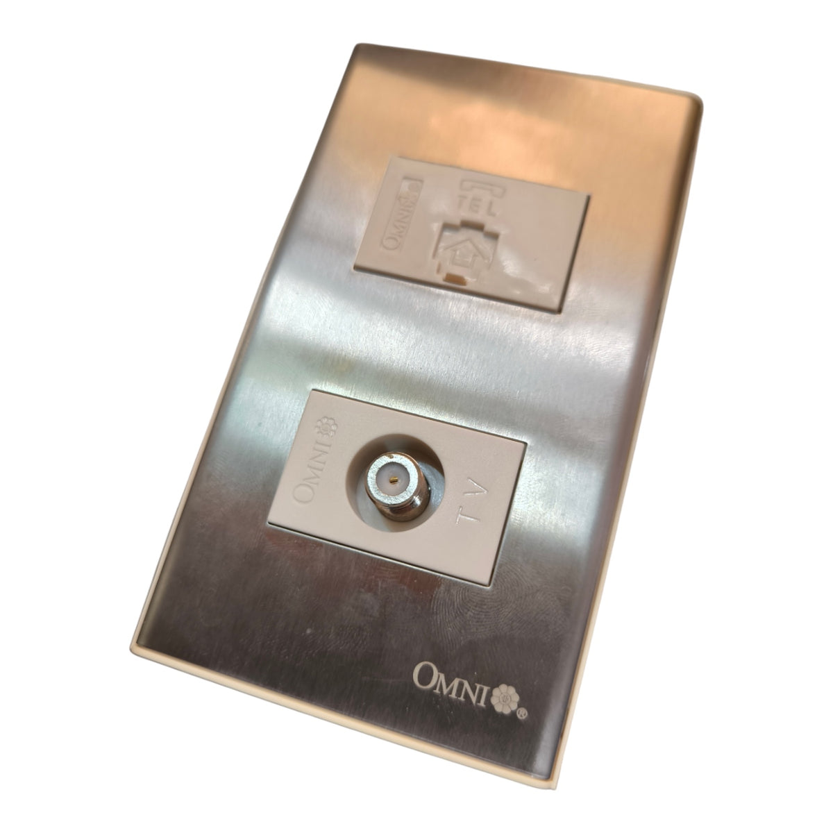An Omni Omni-Directional wall switch plate with a brushed stainless steel finish, featuring a central screw-in switch and two recessed buttons on a white background.