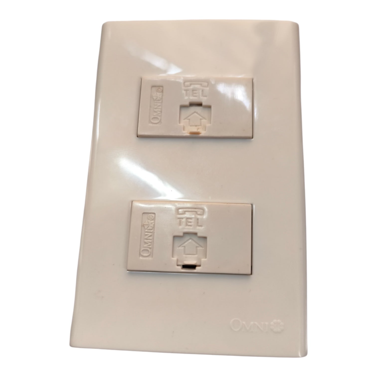 An Omnilife dual RJ45 network wall plate in a warm beige plastic finish, shown against a plain white background.