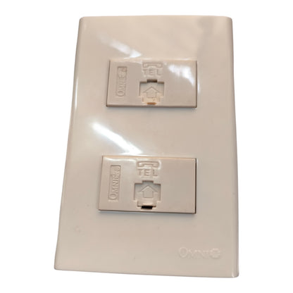 An Omnilife dual RJ45 network wall plate in a warm beige plastic finish, shown against a plain white background.