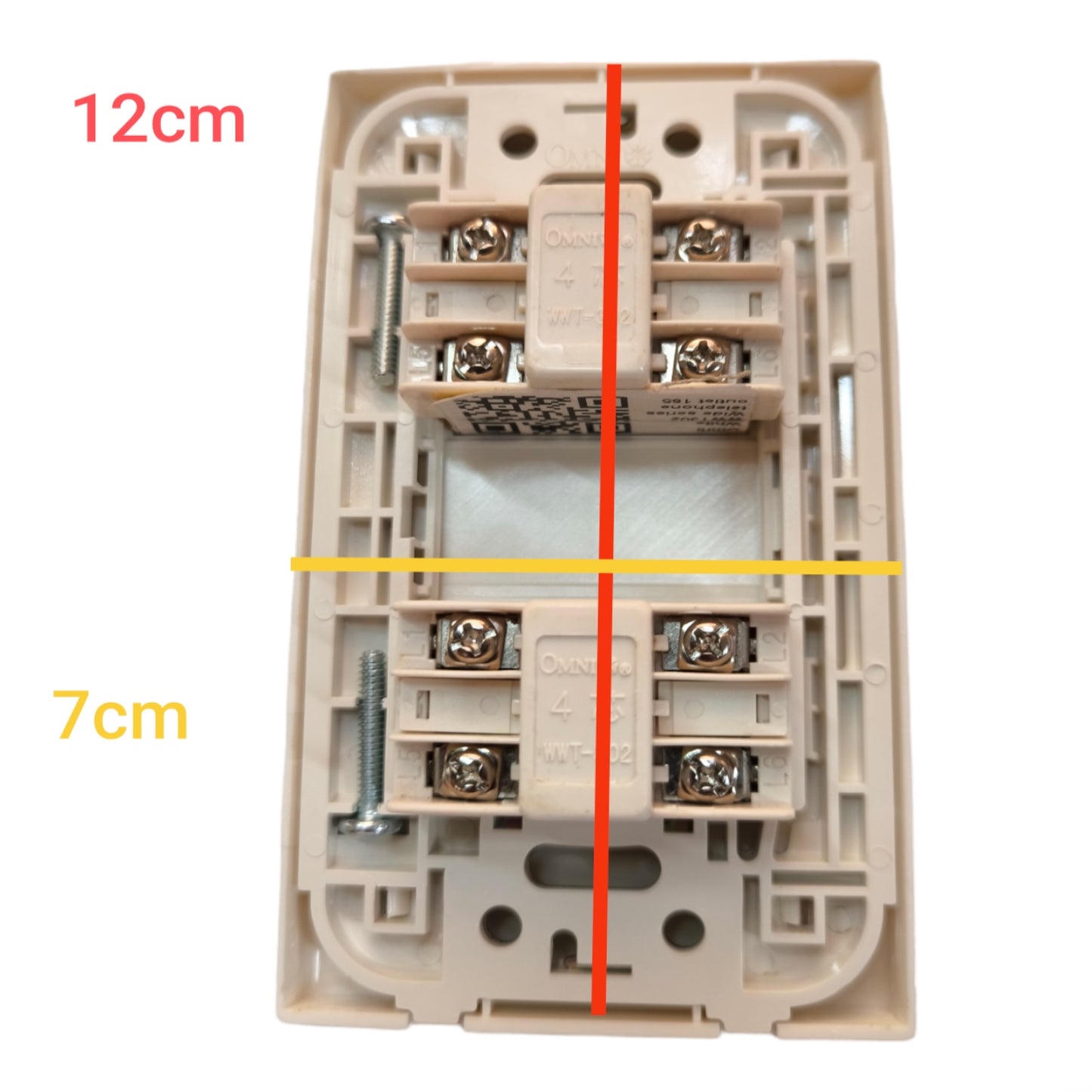 A beige plastic electrical switch socket backplate shown on a white background with overlaid dimension lines: a red vertical line labeled 12cm and a yellow horizontal line labeled 7cm.