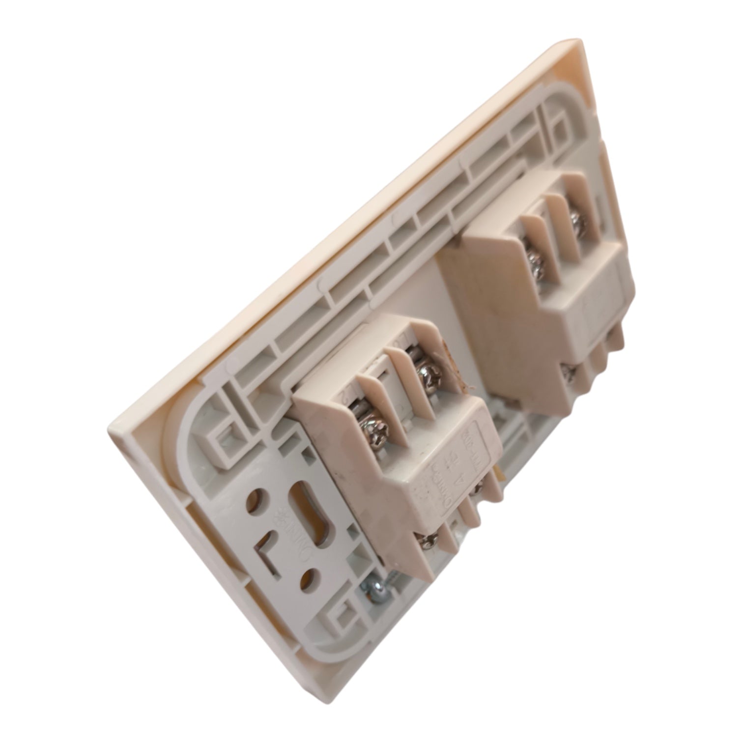 A beige plastic electrical terminal block connector with screw terminals, shown at an angle on a white background.