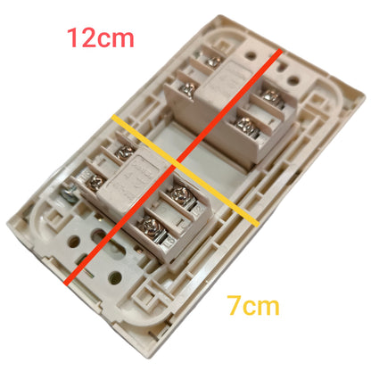 A beige plastic electrical terminal block or switch component shown on a white background with red and yellow measurement lines and text labels reading 12cm and 7cm to indicate dimensions.