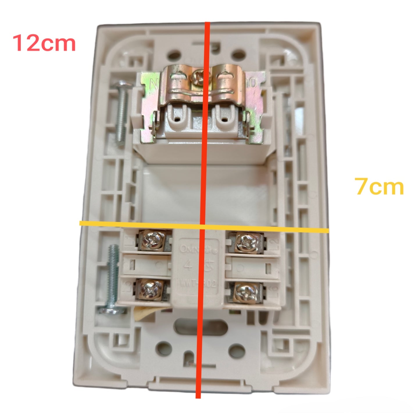 A beige plastic electrical wall switch socket backplate shown on a white background with overlaid dimension lines: a red vertical line labeled 12cm and a yellow horizontal line labeled 7cm.