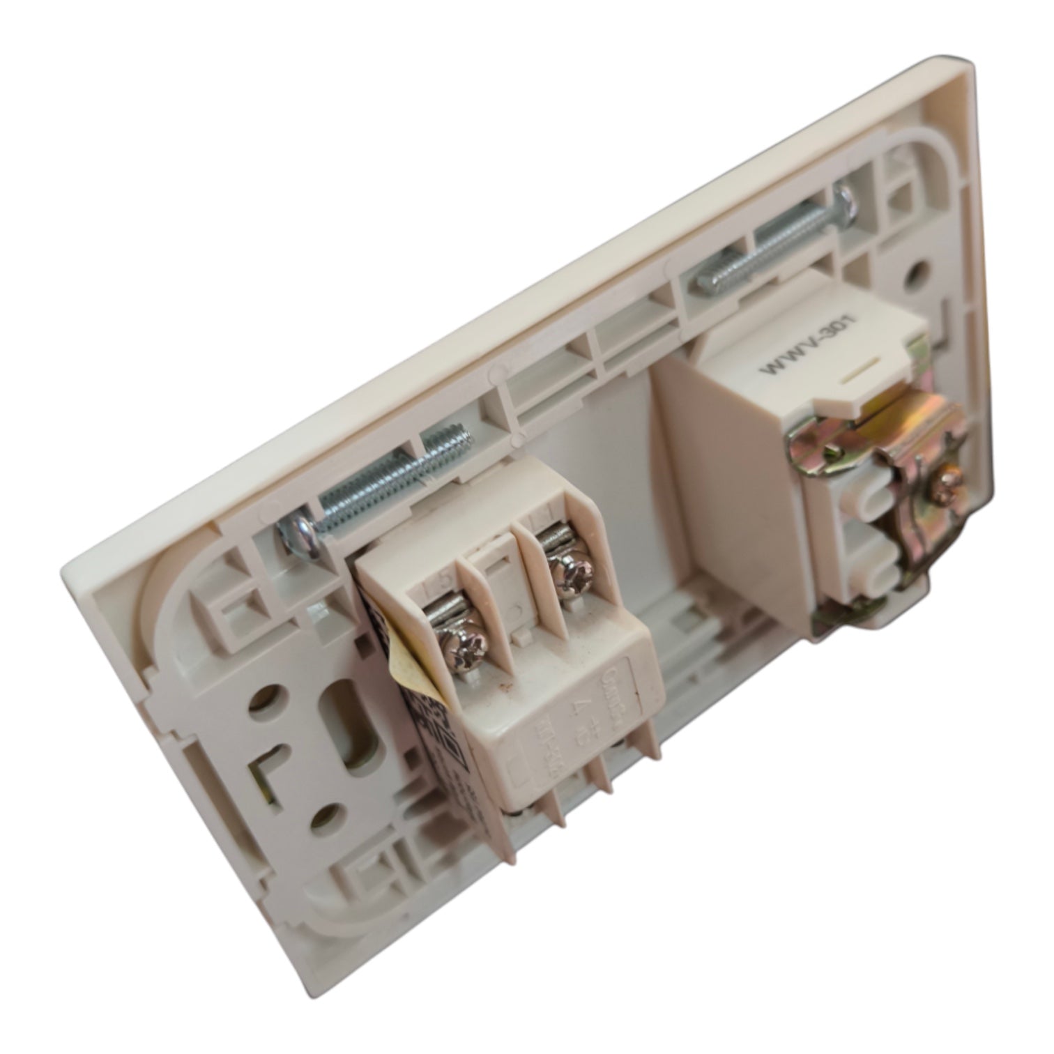 An electrical wall switch module or control component with cream-colored plastic housing, metal screw terminals, and copper-colored contact points, shown on a plain white background.