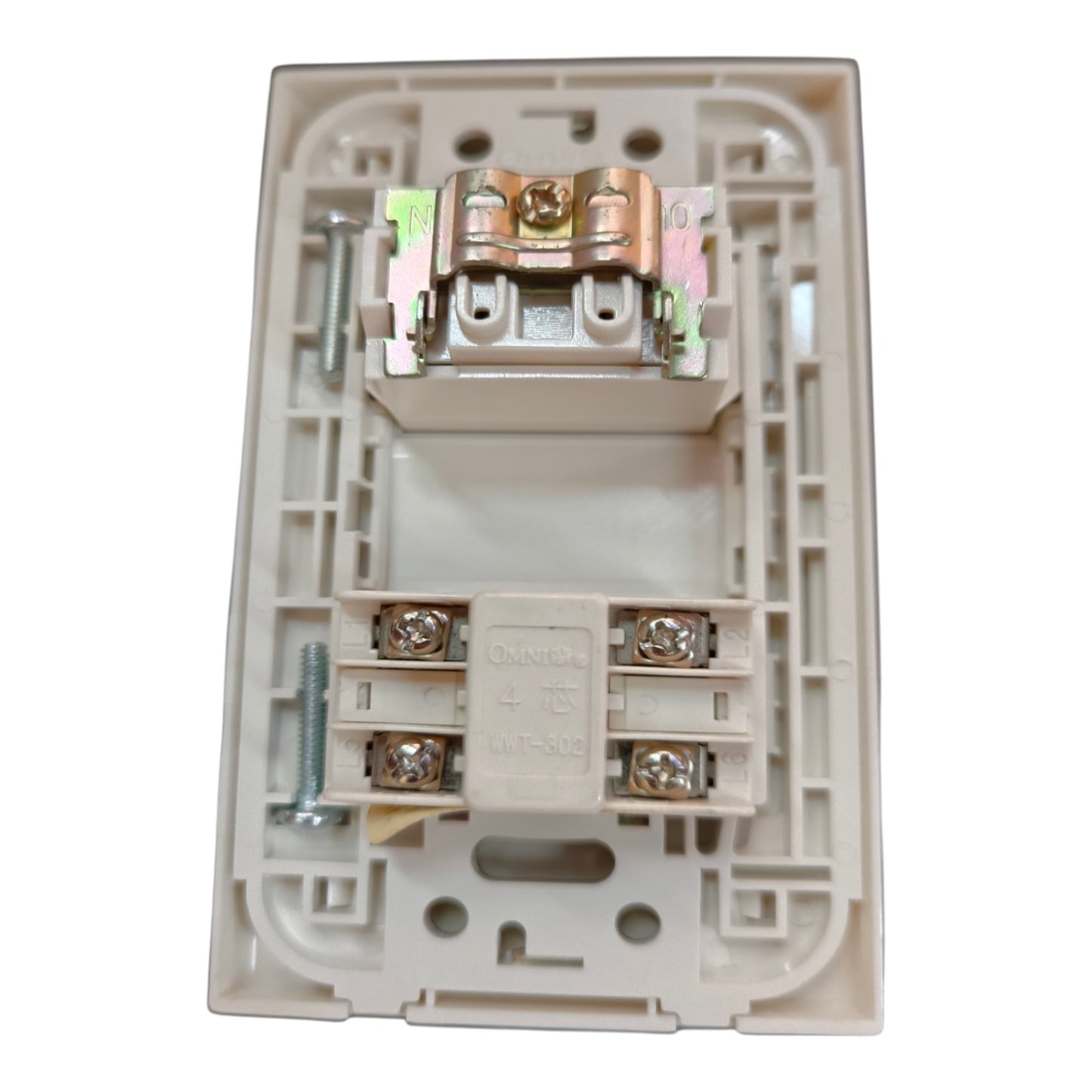 An off-white plastic electrical wall switch socket backplate with internal screw terminals and metal connection points, shown on a plain white background.