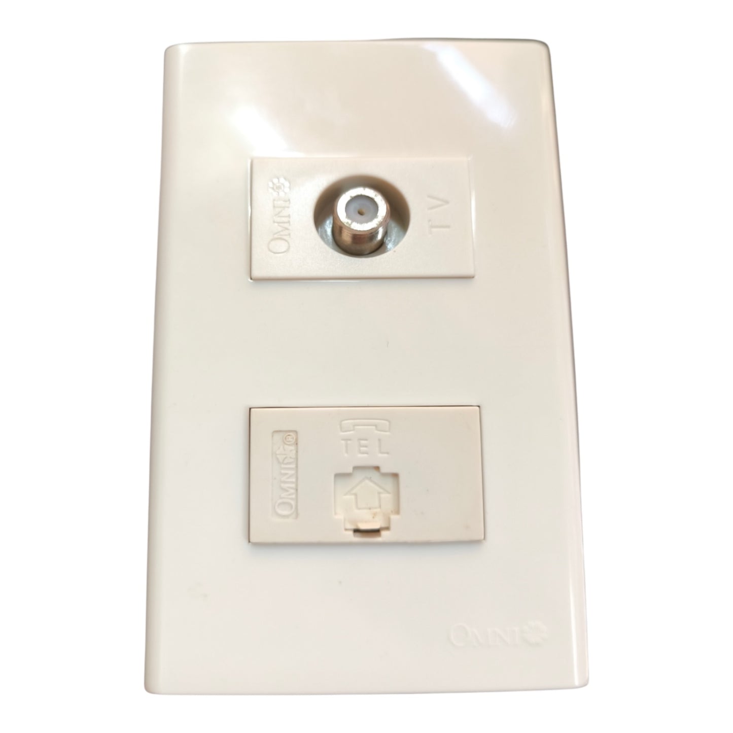 An off-white plastic wall outlet adapter with a TV antenna socket on top and a RJ45 Ethernet port on the bottom, branded with 'Omni' on both components.