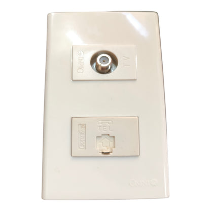 An off-white plastic wall outlet adapter with a TV antenna socket on top and a RJ45 Ethernet port on the bottom, branded with 'Omni' on both components.