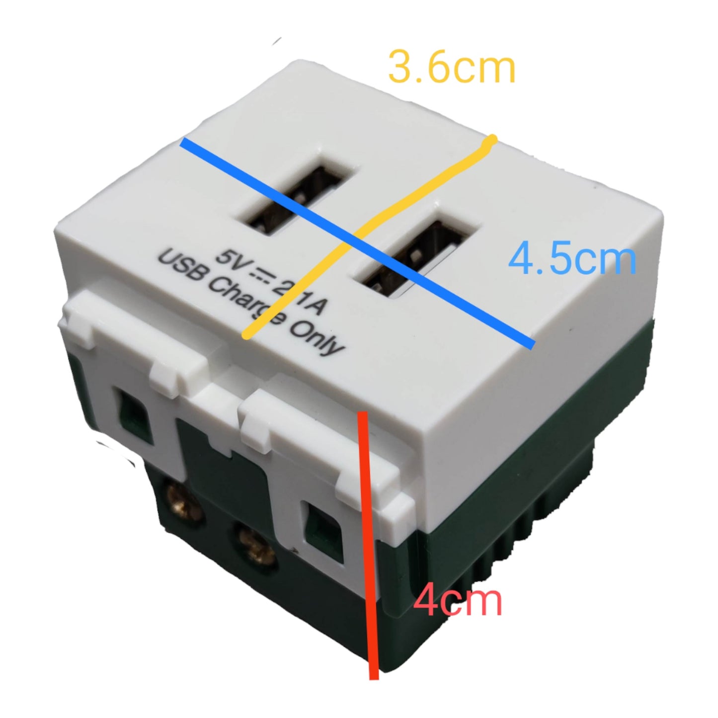 A small white and dark green USB charging adapter with overlaid dimension labels showing 3.6cm, 4.