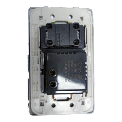 An Omnilife DSS-E-125 dimmer switch module shown from the back, featuring a black input and output relay on a white plastic backplate.